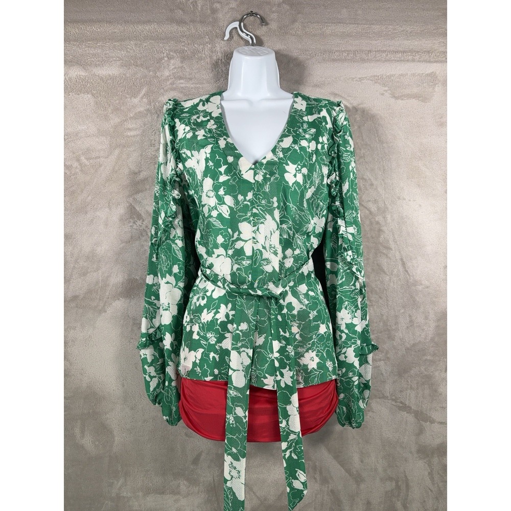 Alexis Idir Blouse Womens Small Green White Floral Tie Waist Ruffle Peasant